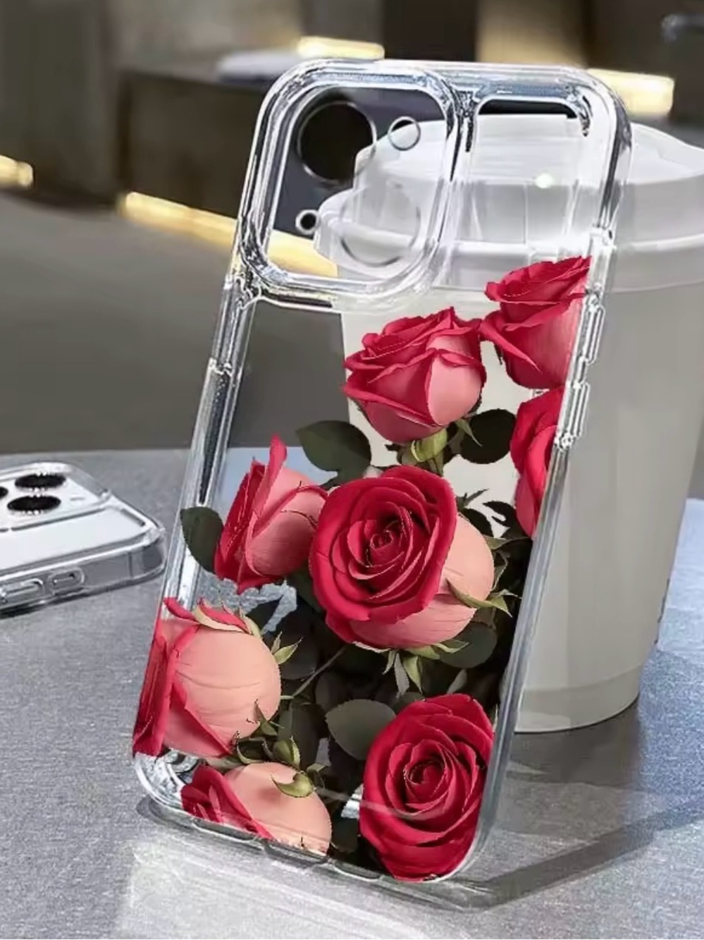 Clear Phone 16 pro Case with Red & Pink Roses - Compatible Smartphone Protection